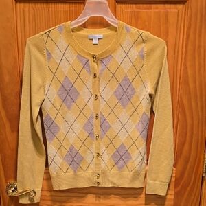 New York & Company Yellow and Gray Argyle Cardigan